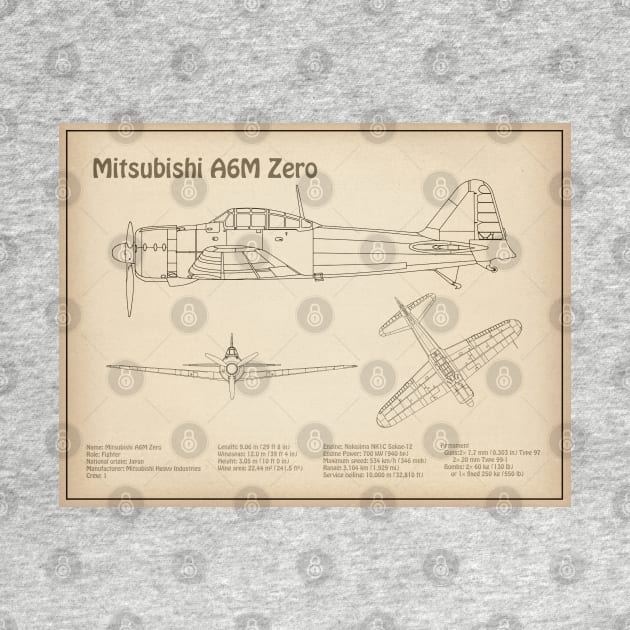 Mitsubishi A6M Zero Airplane Blueprint - SD by SPJE Illustration Photography